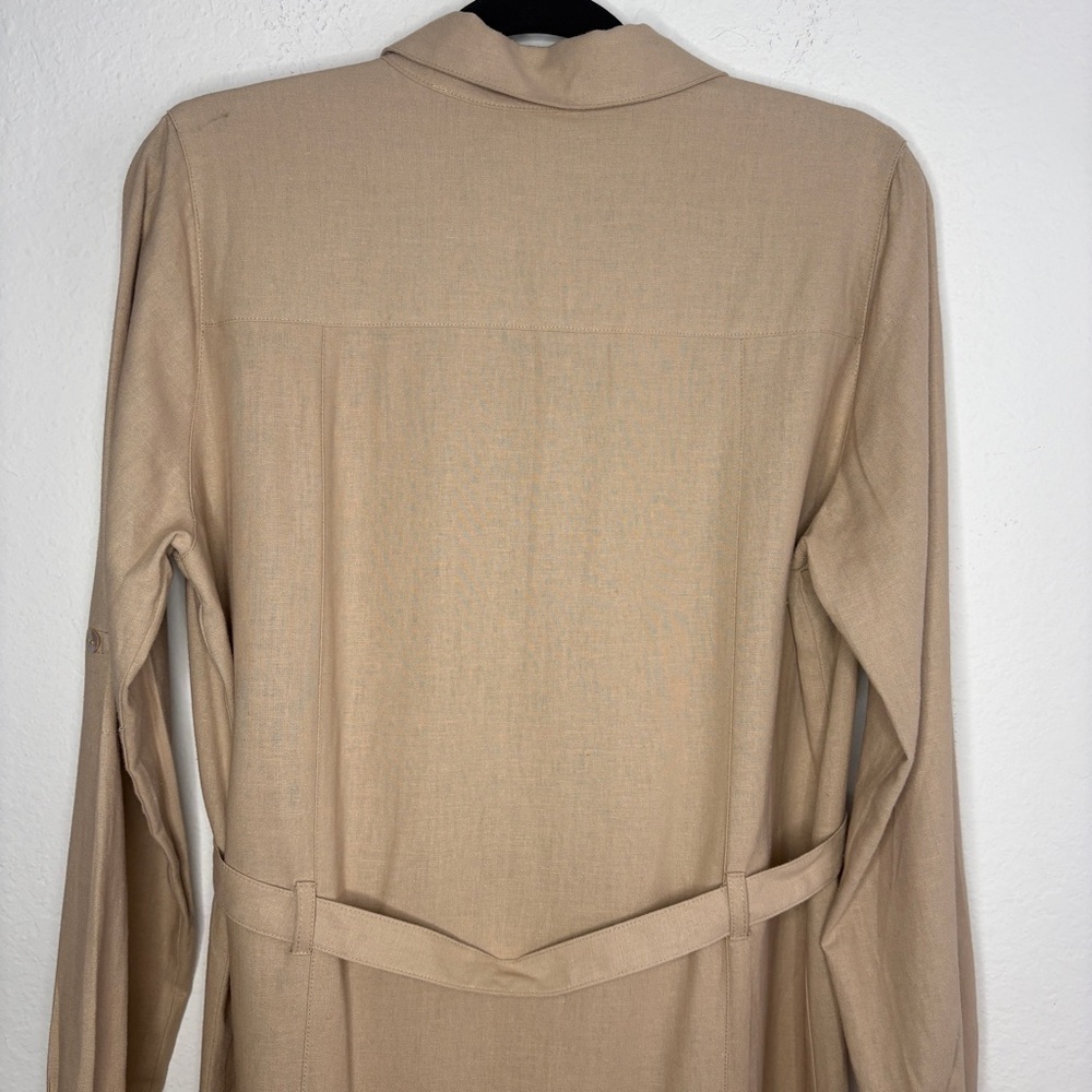 Ponant France Linen Blend Tan Long Sleeve Button Down Dress With Belt Size Small - Picture 6 of 10